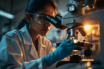 A woman wearing a white lab coat and safety goggles, looking through a microscope.