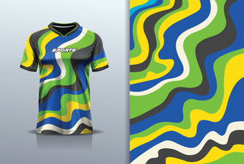 T-shirt mockup with abstract water wave line jersey design for football, soccer, racing, esports, running, in green color	