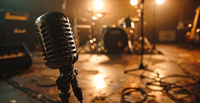 A microphone on a stage with a drum set in the background.