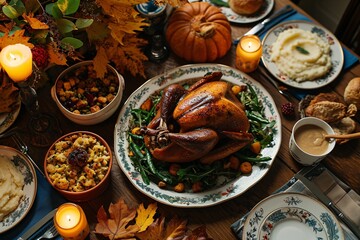 A table full of food, including a roasted turkey, pumpkin, and other dishes.