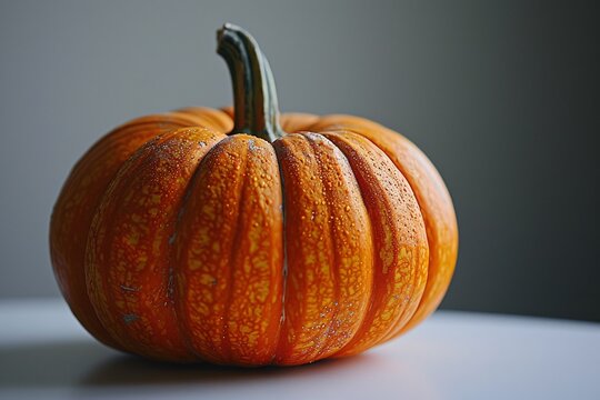 A close-up of a pumpkin with a green stem.