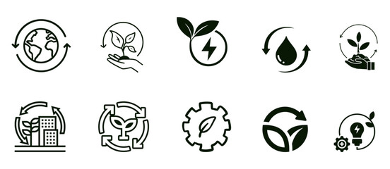 Ecological icons set, renewable energy, sustainable development and green investment concept icons collection - obrazy, fototapety, plakaty