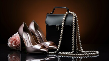 
Black shoes, fashion handbag and pearl necklace