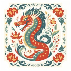 Illustration of Chinese dragon with floral bright patterns on a white background