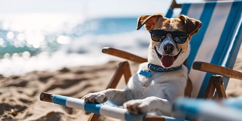 A dog wearing sunglasses and a blue collar, sitting in a beach chair. - obrazy, fototapety, plakaty