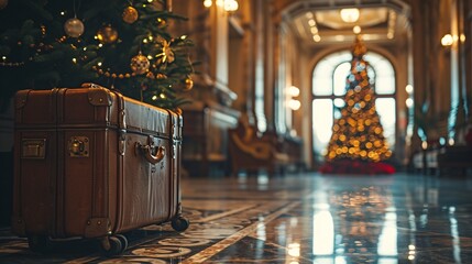 A suitcase with gold handles and a Christmas tree in the background - obrazy, fototapety, plakaty