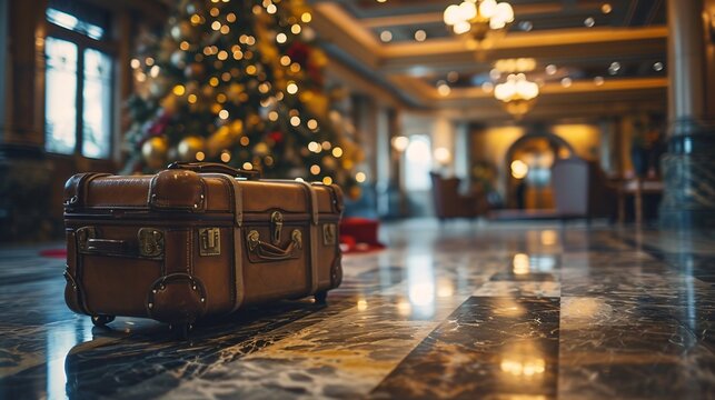 A brown suitcase with gold hardware sitting on a marble floor in front of a Christmas tree.