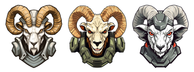set of goat head mascot in war uniform