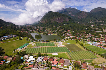 Aerial drone view of the city of Granja Comary in Teresopolis, the headquarters and main training center of the Brazil national football team