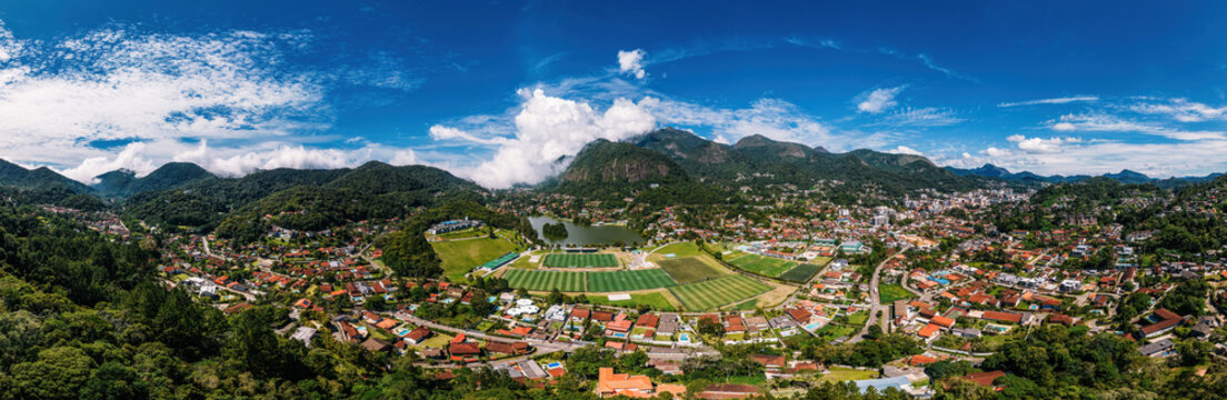 Aerial drone view of the city of Granja Comary in Teresopolis, the headquarters and main training center of the Brazil national football team