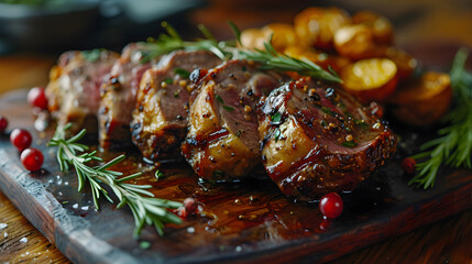 Grilled steaks cut into pieces with herbs and rosemary - obrazy, fototapety, plakaty