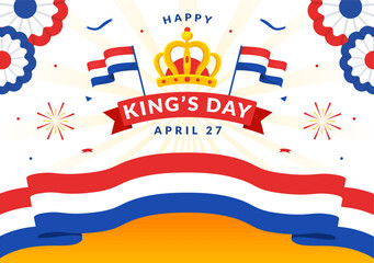Happy Kings Netherlands Day Vector Illustration on 27 April with Waving Flags and Ribbon in King Celebration Flat Cartoon Background Design - obrazy, fototapety, plakaty