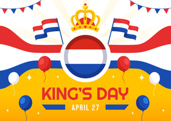 Happy Kings Netherlands Day Vector Illustration on 27 April with Waving Flags and Ribbon in King Celebration Flat Cartoon Background Design - obrazy, fototapety, plakaty