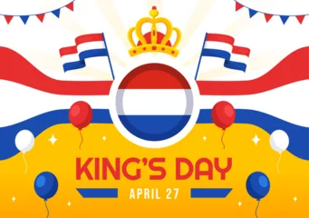 Fotobehang Happy Kings Netherlands Day Vector Illustration on 27 April with Waving Flags and Ribbon in King Celebration Flat Cartoon Background Design © denayune