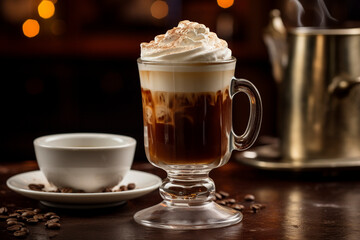 cup of irish coffee on wooden table