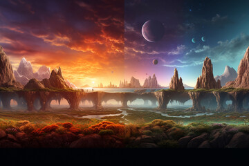 Fantasy world landscape with a big moon on another planet with alien plants and forest