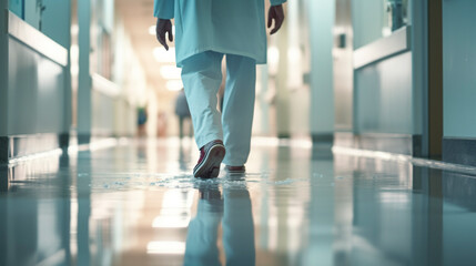 professional hospital staff walking down a corridor. Doctor in a hospital ward wearing blue apron. Selective focus at the leg and blurred background with copy space - obrazy, fototapety, plakaty
