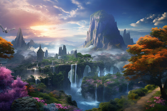 Fantasy world landscape with a big moon on another planet with alien plants and forest