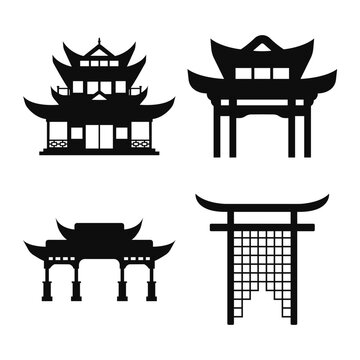 Traditional Chinese Building With Flat Design Style. Isolated On White Background. Vector Illustration Set.