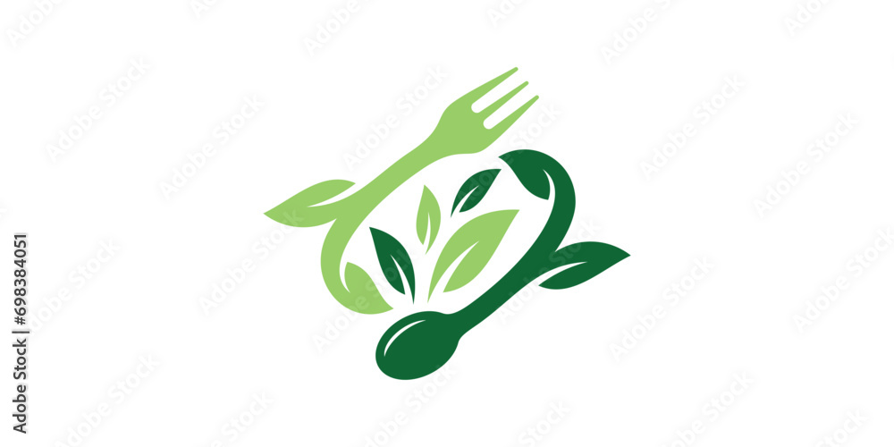 Wall mural healthy food logo design with cutlery and leaf elements, icon, vector, symbols. - Wall murals