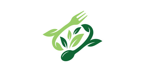 healthy food logo design with cutlery and leaf elements, icon, vector, symbols. - obrazy, fototapety, plakaty