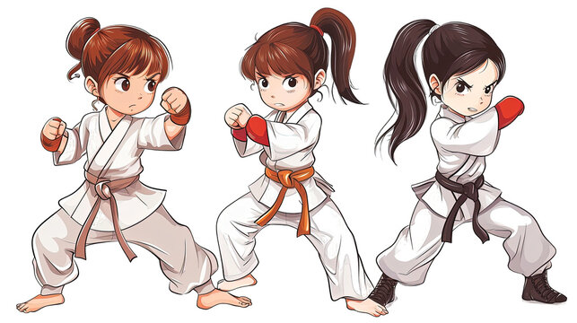 Set of Karate Girl Cartoon