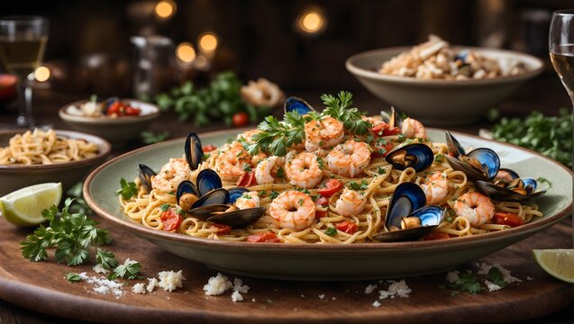 a gourmet seafood pasta dish served in a charming Italian trattoria. The dish is a combination of al dente linguine, clams, mussels, shrimp, and calamari, and garnished with fresh parsley ai generated