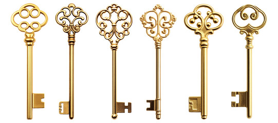 Set of vintage golden keys isolated

