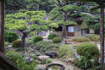 A Japanese garden : the scene of a teahouse in Ritsurin-koen Park in Takamatsu City in Kagawa...