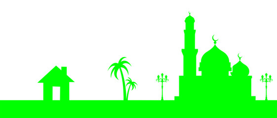 Islamic background for eid mubarak al fitr or adha with isra miraj laylatul qadar, house, mosque, palm tree, lantern, isolated on white background eps 10