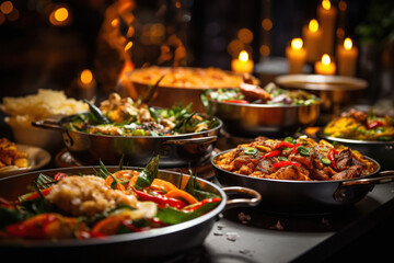 Dishes cooked in different ways are kept on the table. Indian Style Buffet Dinner