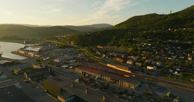 Aerial panoramic of Norwegian industrial landsdape, midnight sun. Helgeland Industrial Park.