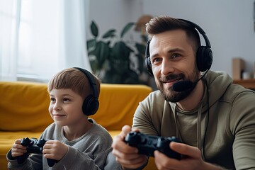 KYIV, UKRAINE  OCTOBER 2, 2019: selective focus happy father son playing video game home