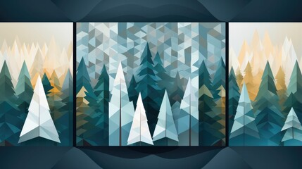 Abstract Nordic forest scenes with geometric elements.