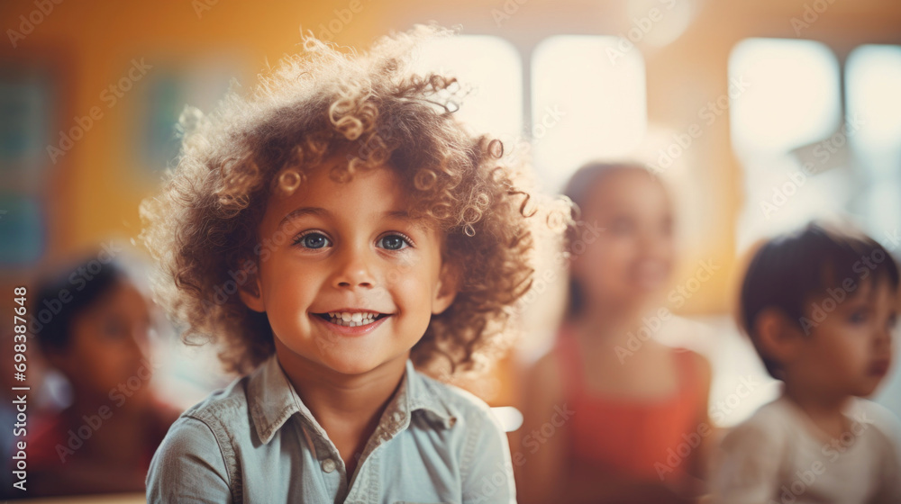 Poster a joyful child with a head full of curls and a bright, engaging smile in a vibrant classroom setting