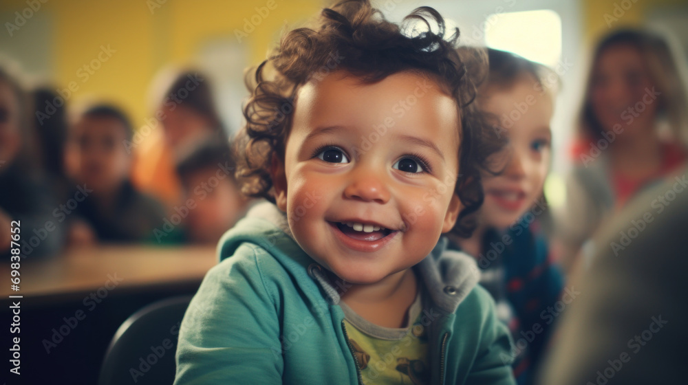 Poster a smiling curly-haired toddler enjoying time in a vibrant classroom, surrounded by peers and a sense