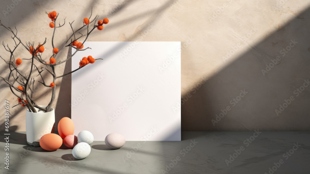 Poster a serene composition featuring easter eggs and a branch with orange berries in a vase, casting shado