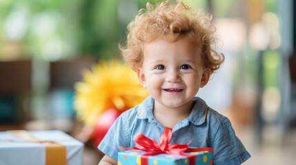 A curly-haired toddler with a contagious smile, holding a brightly colored birthday gift, creating a picture of pure joy.