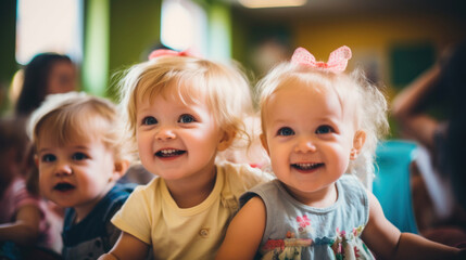 Two blonde toddlers with cute bows in their hair joyfully smiling in a colorful daycare environment.