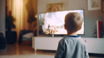 A small boy engrossed in watching an adventure movie on a large television screen in a home setting.