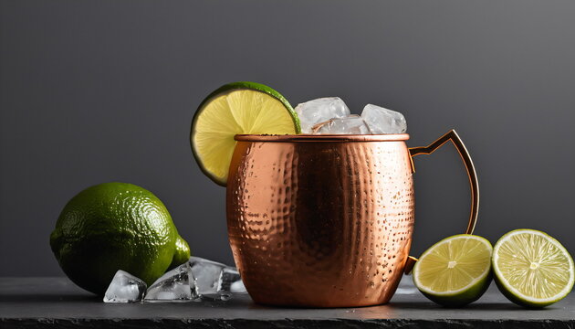 Moscow Mule Cocktail in Copper Mug on Table