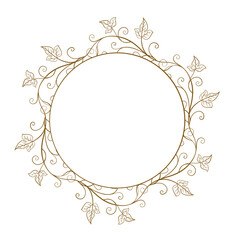Vector round floral frame with ivy leaves decoration. Vintage style ivy stems wreath. - 698388236
