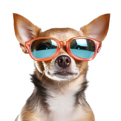 Chihuahua dog wearing cool sunglasses for summer travel, isolated on transparent background, PNG, 300 DPI	