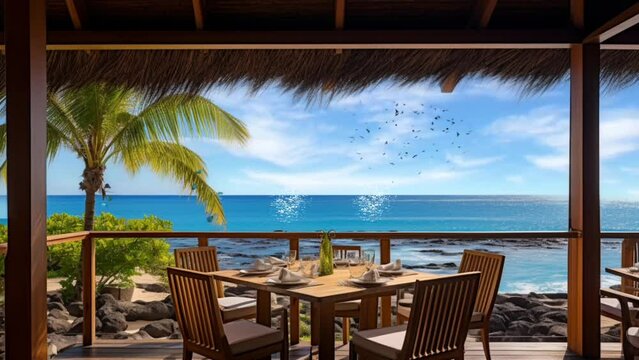 Beautiful beach view with restaurant on the beach. seamless looping  time-lapse virtual video animation background