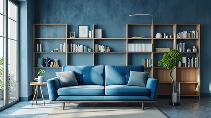 blue sofa with pillows and bookcase, blue wall, minimalist interior design living room - Powered by Adobe