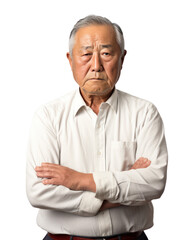 頑固そうな中年おじさんのしかめっ面。日本の老人のポートレート　A 60-year-old Japanese grandfather has his arms crossed and looks angry. white background.Generative AI - obrazy, fototapety, plakaty