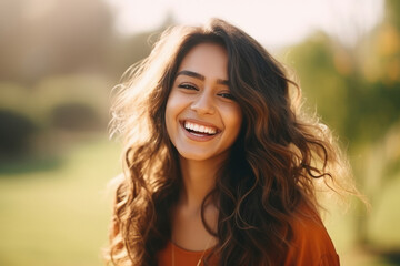 Young beautiful woman smiling and giving happy expression - obrazy, fototapety, plakaty