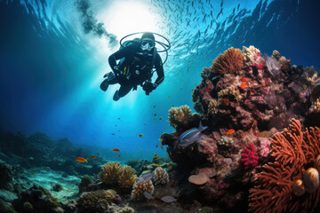 Fototapeta na wymiar scuba driver diving swimming in deep of sea