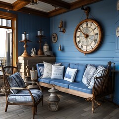Vintage nautical lounge with maritime-themed decor and blue hues