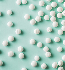Fototapeta na wymiar Pharmaceutical medicine pills, tablets and capsules on mint background. Top view. Flat lay. Copy space. Medicine concepts. Minimalistic abstract concept. Neo mint color
